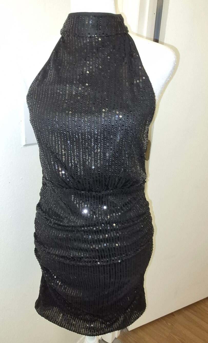 SHEIN Black Sequin Halter Neck Ruched Bodycon Party Dress